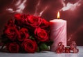 Red Rose Petals With White Candle And Therapy Stones