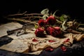 Still life with red roses and old paper on a black background, Sorrow\'s Remnants: Create an image that portrays aftermath of
