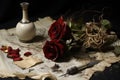 Still life with red roses, quill pen and old letters, Sorrow\'s Remnants: Create an image that portrays the aftermath of war,