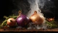 Still life of red and sweet onions with drops water