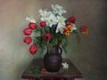 Still life with a red Tulip, daffodils, hyacinths at home.