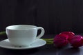 Still life with red tulips. bouquet of tulips with white coffee cup Royalty Free Stock Photo