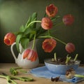 Still life with red tulips and onions Royalty Free Stock Photo