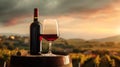 Still life with red wine, bottle, glass and old barrel Royalty Free Stock Photo