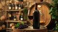 Still life with red wine, bottle, glass and old barrel Royalty Free Stock Photo