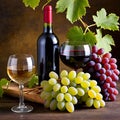Still life with red wine. bottle of red wine, grapes and leaves on a white background Royalty Free Stock Photo