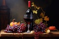 Still life with red wine, grapes and pumpkins on wooden table, Bottle with red wine and glass and grapes, AI Generated