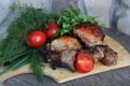 Shish kebab with vegetables and greens