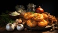 Still life of rings onions fried with garlic heads