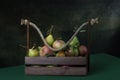 Still life with ripe apples and pears in a wooden box Royalty Free Stock Photo