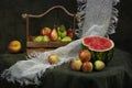 Still life with ripe fruits and watermelon Royalty Free Stock Photo