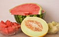 still life ripe watermelon and melon Royalty Free Stock Photo