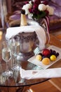 Still life, romantic dinner, two glasses and champagne in the ice bucket. Celebration or holiday Royalty Free Stock Photo