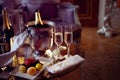 Still life, romantic dinner, two glasses and champagne in the ice bucket. Celebration or holiday Royalty Free Stock Photo