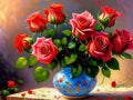 Still life roses flowers in vase. bouquet of red pink roses over wooden table. Picture oil paints on canvas. image created with