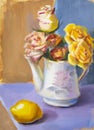 Still life with roses and lemon, oil painting Royalty Free Stock Photo