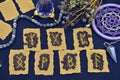 Still life with runes, dreamcatcher and crystals on witch table