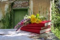 Retro still life in a rural garden full of flowers