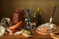 Still life with Russian vodka and sausage snacks on the table.