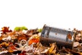 Rusty tin can waste on forest floor closeup Royalty Free Stock Photo