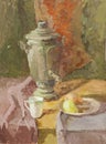 Still life with samovar, pear and mug green and orange tones