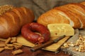 Still life with sausage, bread and cheese Royalty Free Stock Photo