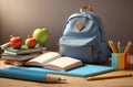 Still life of school items: briefcase, books, pencils, apples. Items for studying on the table. Generation AI Royalty Free Stock Photo