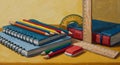 Still Life of School Supplies: Colored Pencils Notebooks and Ruler Royalty Free Stock Photo