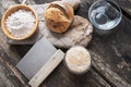 Still life setting of sourdough bread bun and ingredients Royalty Free Stock Photo