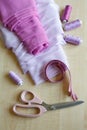 Still life. Sewing supplies. Scissors, threads, zipper and fabric