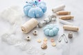 Still life of sewing utensils with buttons, threads, pins Royalty Free Stock Photo