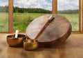 A still life of the shamanic drum and Tibetan singing bowls Royalty Free Stock Photo