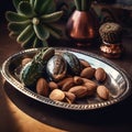 Brazil nuts arranged on a vintage metallic tray