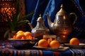 a still life shot of a moroccan tea set with a backdrop of moroccan lanterns