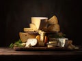 Still life showing a variety of Swiss cheeses, both whole and sliced, artfully stacked against a rustic dark wooden