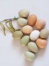 still life with simple chicken eggs, soft pastel colors, natural color chicken eggs, flowers, Easter concept