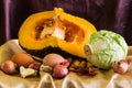 Still life split pumpkin, Vegetable And eggs Royalty Free Stock Photo