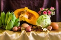 Still life split pumpkin, Vegetable and eggs Royalty Free Stock Photo