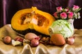 Still life split pumpkin, Vegetable and eggs Royalty Free Stock Photo