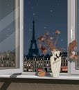 The still life stands on the windowsill against the backdrop of Paris at night. Vector Royalty Free Stock Photo