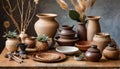 Still life. A styled table of pots, vases, plates and ceramic and wooden decor items