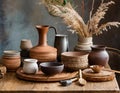 Still life. A styled table of pots, vases, plates and ceramic and wooden decor items