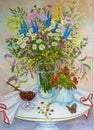 Still life summer field wild flowers and forest fragrant strawberries. Original oil painting. Royalty Free Stock Photo