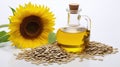 Still life with sunflower seed oil in a glass bottle and sunflower seeds around Royalty Free Stock Photo