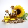 Still life with sunflower seed oil in a glass bottle and sunflower seeds around Royalty Free Stock Photo