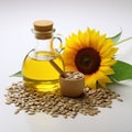 Still life with sunflower seed oil in a glass bottle and sunflower seeds around Royalty Free Stock Photo