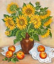 Still life of Sunflower in vase and apples, with corrections. Original oil painting on canvas. Royalty Free Stock Photo