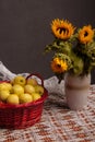 Still life of sunflowers and apples Royalty Free Stock Photo