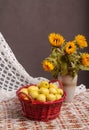 Still life of sunflowers and apples Royalty Free Stock Photo