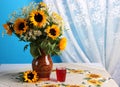 Still Life With Sunflowers, A Beautiful Bouquet Of Sunflowers And Daisies, A Glass Of Cranberry Juice